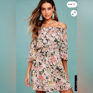 Lulus Hello, Darling Blush Pink Floral Print Off-the-Shoulder Dress NWT Medium